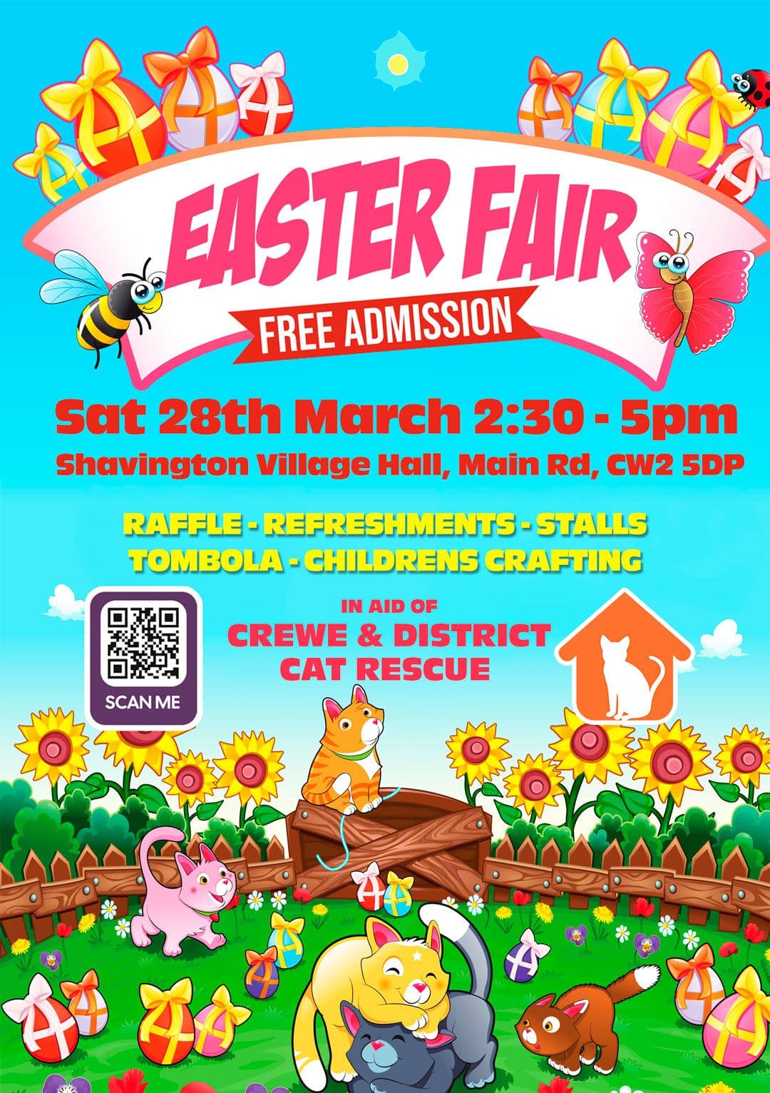Poster for CDCR Easter fair featuring cats and Easter graphics